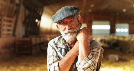 Wall Mural - Portrait of handsome Caucasian old gray-haired man with beard and moustache looking at camera with shrewd eyes and leaning on stick of pitchfork. Male shepherd in stable. Close up.