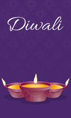 Poster - happy diwali celebration lettering with candles in purple background