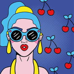 Poster - young woman wearing sunglasses and cherries pop art style