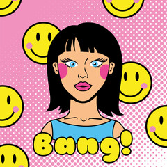 Canvas Print - young woman with smile emoticons pop art style