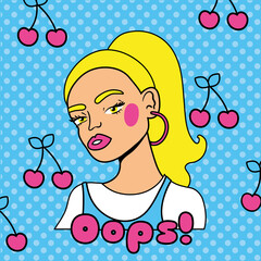 Poster - young blond woman and cherries pop art style