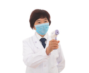 Female doctor wearing a mask and holding a thermometer during the anti-coronavirus period