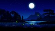 summer night nature landscape ,moonlight and starry sky,fireflies flying over the river,grasses in the wind,trees and mountain