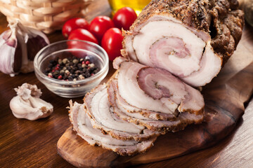 Poster - Baked pork belly roulade. Bacon rolls