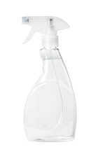 Isolated Side View Of The Clear Spray Bottle With A Clear Liquid Inside With Clipping Path.
