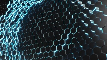 Wall Mural - Abstract blue futuristic hexagons surface pattern, honeycomb with offset effect. Blue abstract glowing sci-fi background. Hexagonal wall moving in waves wit neon effect. Looped Seamless 3D Animation