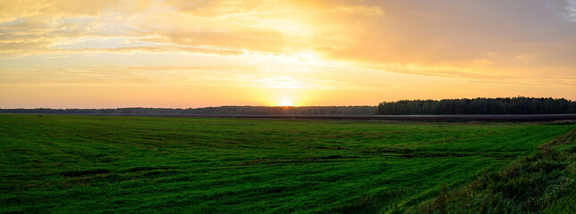 Panoramic photo of a green field in the orange setting sun in autumn against the backdrop of a dramatic sky