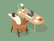 man sat and stretched while working on the desk. Isometric Illustration about 
working on the table.
