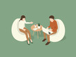 Men and women sitting interviews and recordings in the notebook. Isometric Illustration about Sitting interview.