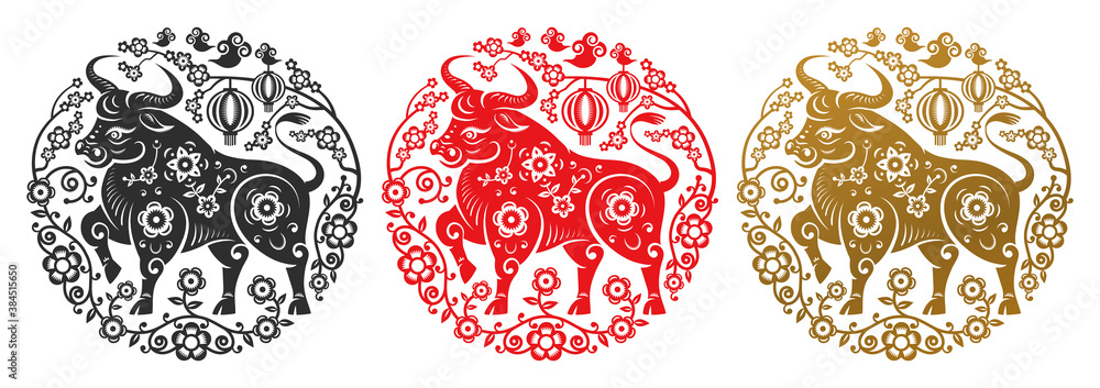 Metal Ox zodiac signs in flower circles of golden, black and red color. Vector Happy Chinese New Year greeting card papercut decor, lunar holiday celebration. Chinese CNY 2021 symbol, Taurus - obrazy, fototapety, plakaty 