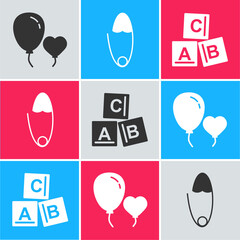 Poster - Set Balloons in form of heart, Classic steel safety pin and ABC blocks icon. Vector.