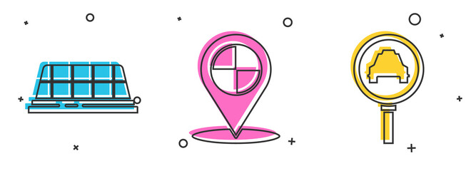 Sticker - Set Taxi car roof, Map pointer with taxi and Magnifying glass and taxi car icon. Vector.