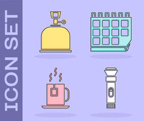 Sticker - Set Flashlight, Camping gas stove, Cup of tea with tea bag and Calendar icon. Vector.