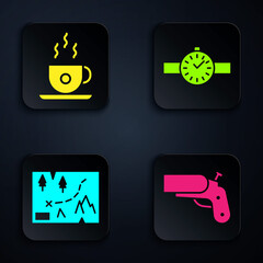 Sticker - Set Flare gun pistol, Coffee cup, Folded map with location and Wrist watch. Black square button. Vector.