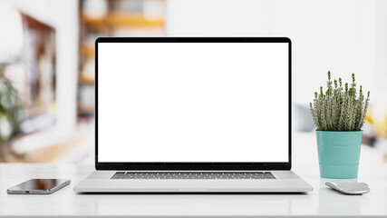 Wall Mural - laptop blank screen on white wooden table with mouse, smartphone and heather flower, 3d rendering. h
