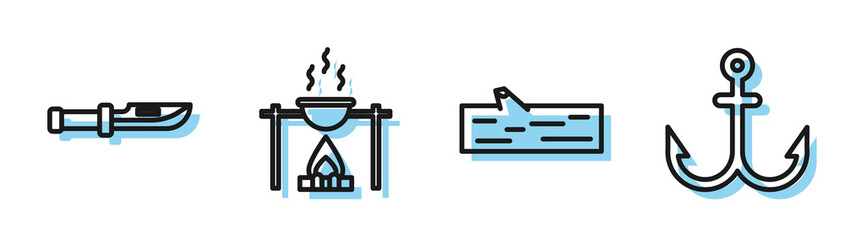 Sticker - Set line Wooden log, Camping knife, Campfire and pot and Anchor icon. Vector.