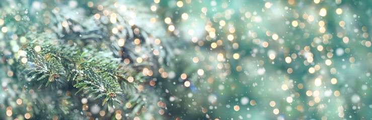 Wall Mural - christmas and winter background with fir branch, falling snowflakes and magic gold bokeh lights - fe
