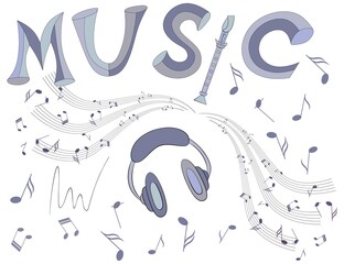 lettering Music, headphones, notes and musical wave on white background.