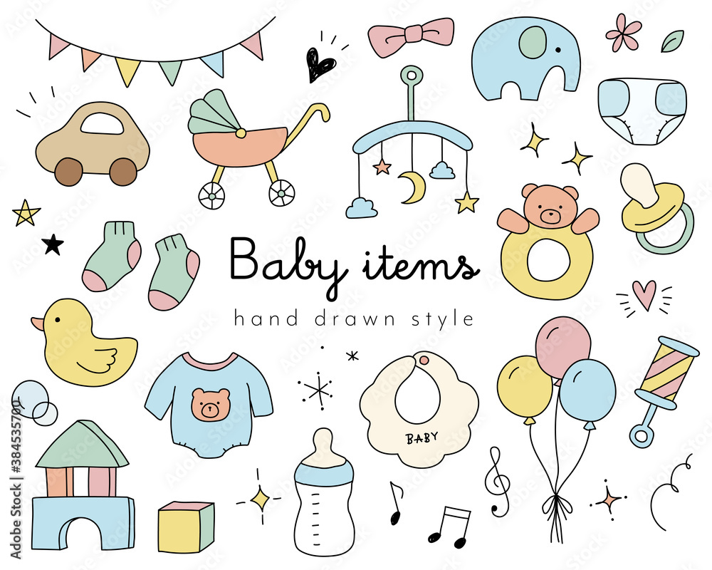 Fototapete かわいい赤ちゃんアイテムの手描きイラストのセット ベビー おもちゃ こども グッズ 子育て 新生児 Yugoro