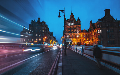 Fototapete - Streets of Edinburgh, Scotland, at night, UK