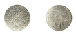authentic 10 Austrian schilling coin year 1985 obverse and reverse side on white background,macro close up