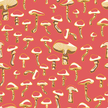 Coral And Gold Mushrooms Vector Seamless Pattern