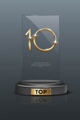 Wall Mural - Top 10 rectangular award trophy. Glass prize with gold number 10. Champion glory in competition vector illustration. Hollywood fame in film and cinema or championship in sport