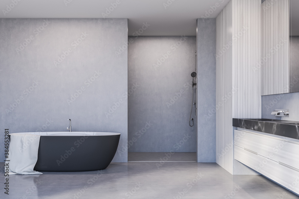 Tub, shower and sink in white bathroom interior - obrazy, fototapety, plakaty 