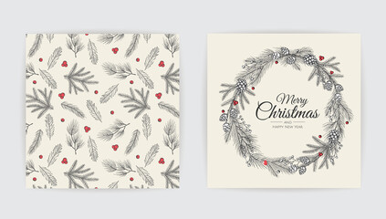 New Year greeting card design with christmas tree. Hand drawn design vector illustration.