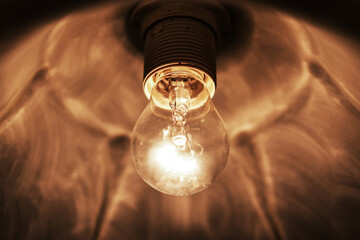 electrical bulb with bright light shines hangs with shaded on ceiling