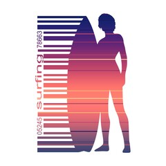 Wall Mural - woman posing with surfboard. surfing emblem for web design or print. bar code connected with silhoue
