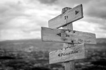 Wall Mural - it is possible text quote on wooden signpost outdoors in black and white.