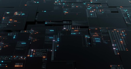 Wall Mural - HUD data User Interface. Programming source code abstract background. cyber technology futuristic data on a screen. Code, Numbers, Binary, Names. 3D render, 4K seamless loop.