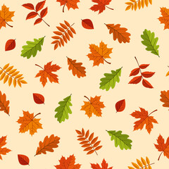 vector seamless pattern with red, orange, brown and green autumn leaves on a yellow background.