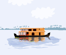 Kerala In South India House Boat In Backwater Vector