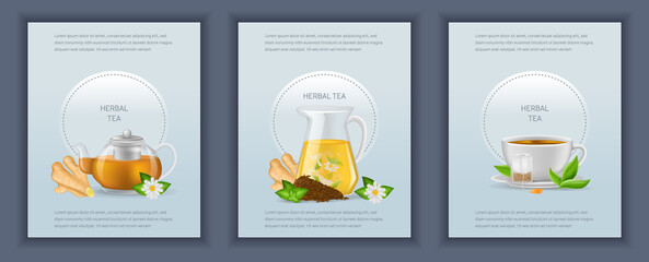 Realistic glass decanter with of chamomile, transparent teapot with ginger tea, ceramic cup with hot fresh black tea, ground roots poster infographic on a light background vector