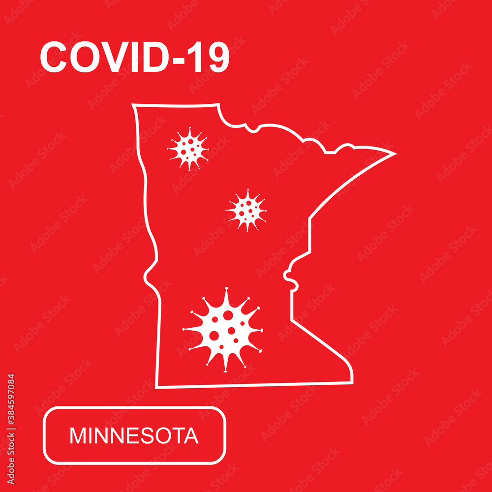 Map of Minnesota State labeled "COVID-19". White outline map on a red