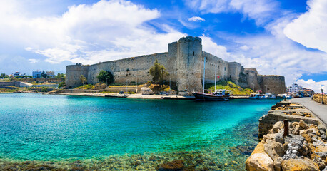 Wall Mural - Cyprus landmarks - old town of Kyrenia (Girne) turkish part of island. Marine with castle.