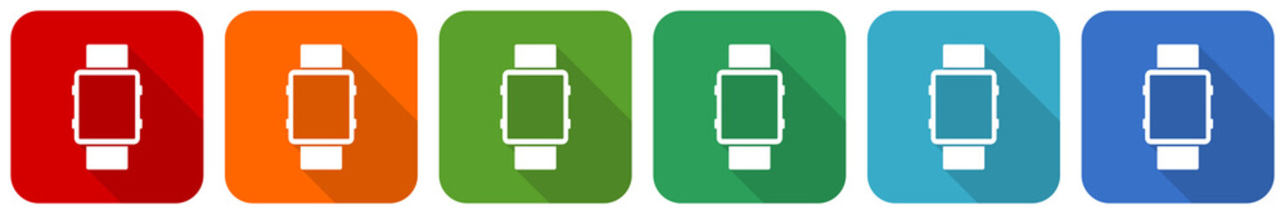 Fototapete - Smartwatch icon set, flat design vector illustration in 6 colors options for webdesign and mobile applications
