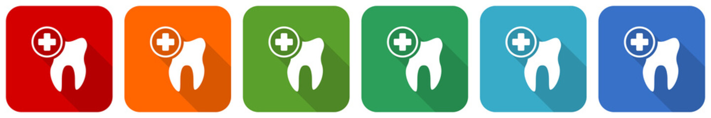 Aufkleber - Dentist, dental, tooth icon set, flat design vector illustration in 6 colors options for webdesign and mobile applications