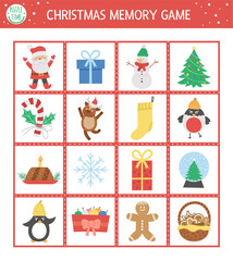 Wall Mural - Christmas memory game cards with traditional holiday symbols. Matching activity with funny characters. Remember and find correct card. Simple winter printable worksheet for kids. .