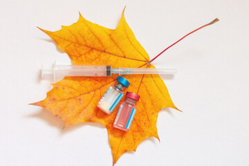 Flatley, a yellow maple leaf on a white background, on the leaf is a syringe and two vials of vaccine. The concept of increasing the incidence of diseases in the fall and the need for vaccinations