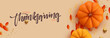 © lauritta - Thanksgiving day banner. Festive background with realistic 3d orange pumpkins, fall foliage. Horizontal holiday poster, header for website. Flat top view. Vector illustration