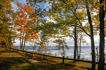 Wall Mural - Autumn trees along scenic Superior lake shore with waves hitting rocks.