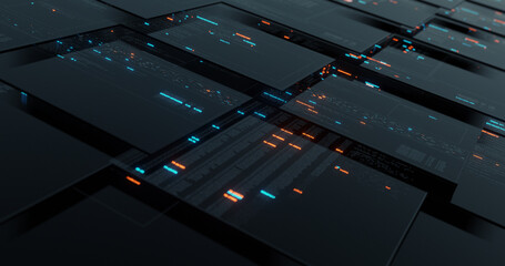 Abstract user interface head up displays, multiple screen with computer programming code and digital data telemetry information. 3D render