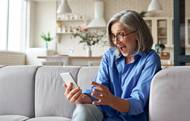 Amazed happy mature older 60s woman, excited customer holding smartphone using mobile app feeling great positive surprise reaction receiving gift reading sms on cell phone sitting on couch at home.