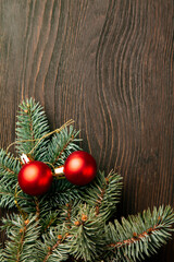 Wall Mural - Christmas Tree and decorations on wooden background