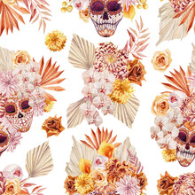 Watercolor Illustration, Seamless Texture With Calavera Katrina, Yellow And Orange Flowers, Bouquets And Skull Of A Bird, Mexican Day Of The Dead, Dia De Los Muertos