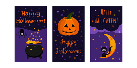 Sticker - Happy Halloween greeting card set. Cute halloween character black cat on moon, orange pumpkin jack lamp, cauldron with poison and black spider. Vector cartoon flat style party flyer illustrations.