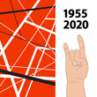 Hard rock, heavy metal vector concept, black lettering 1955-2020 and hand gesture on white.